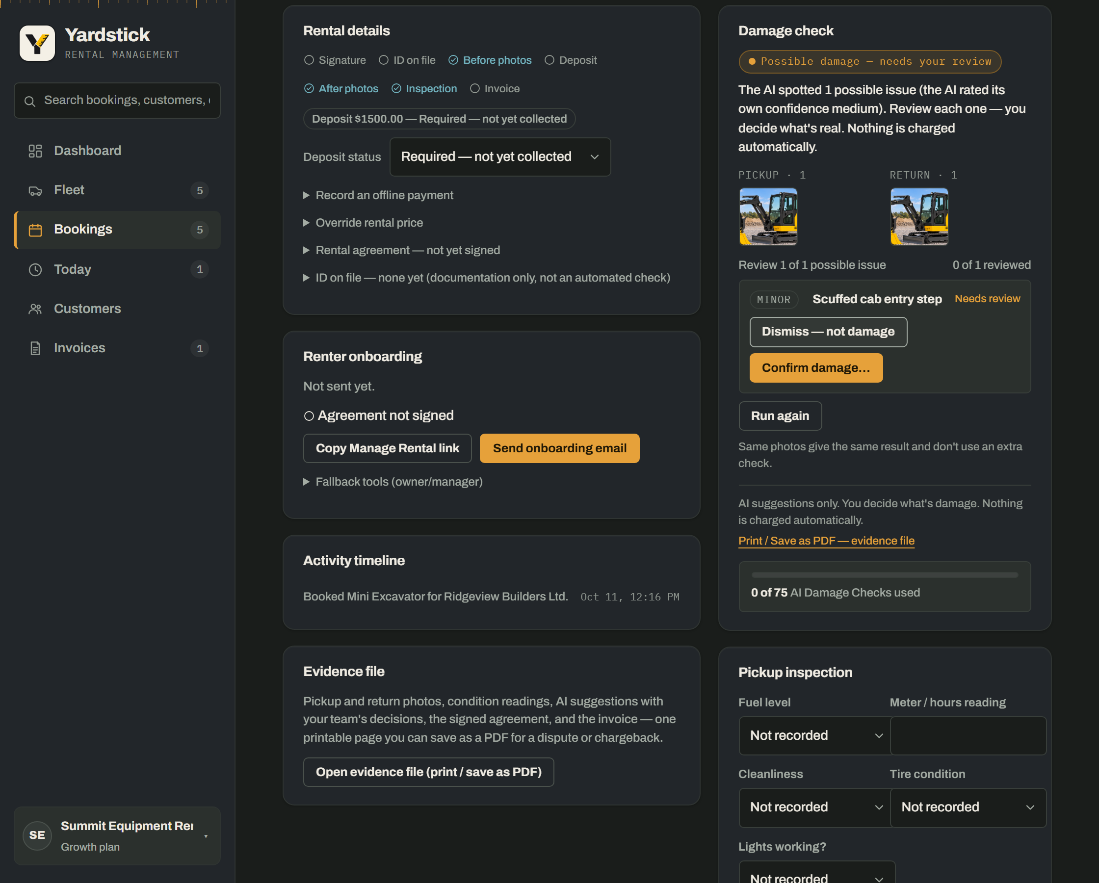 A returned rental's workspace: the rental details checklist and deposit status, the renter onboarding card, the activity timeline and evidence file, and the Damage check panel, where the AI has flagged one possible issue (a scuffed cab entry step, minor) with the pickup and return photos and Dismiss and Confirm buttons for the team's decision. Nothing is charged automatically.