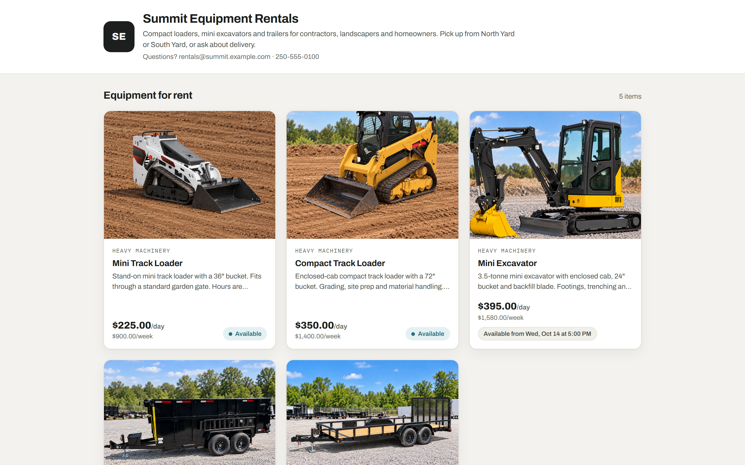The storefront for the demo business Summit Equipment Rentals: a grid of equipment cards with category, day and week rates and an availability badge on each.